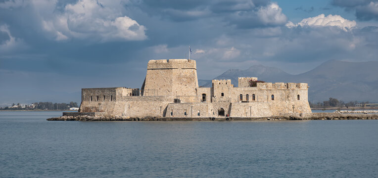 The water castle of Bourtzi, a Venetian castle located in the middle of the harbour of Nafplio, Peloponnese, Greece