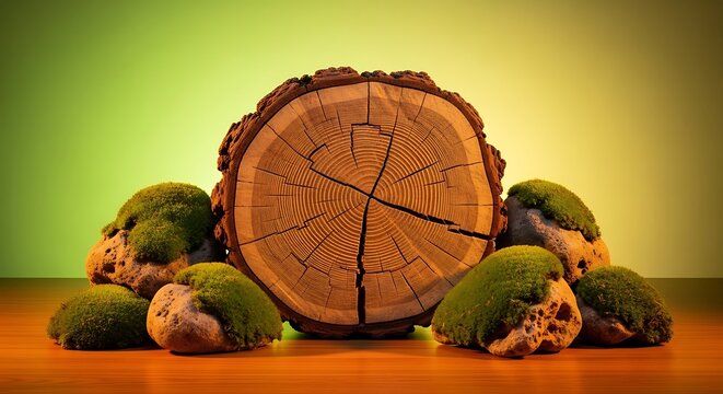 Large tree stump with growth rings in natural setting