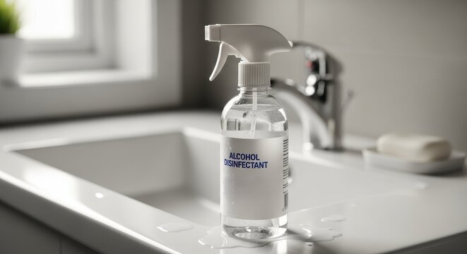 Disinfectant Spray Bottle on a Kitchen Sink in a Modern Home