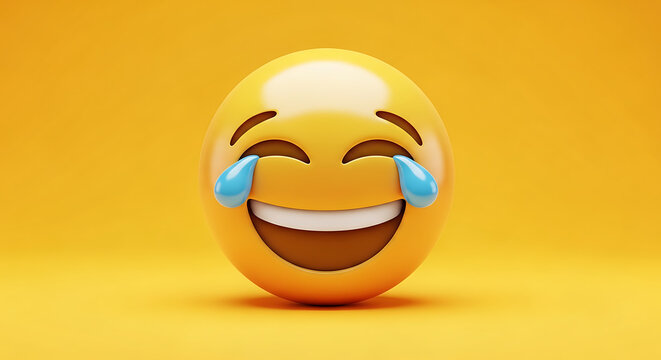 A 3D rendered emoji expresses extreme laughter with tears streaming down its face.