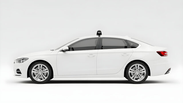 A white sedan car with a sensor on top is shown in profile against a plain background