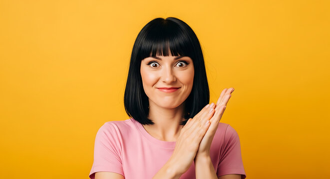 A woman with bangs clasps her hands together with a sly or cunning expression against a yellow backdrop.