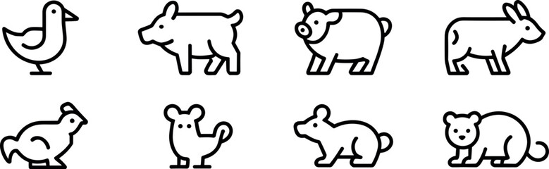 Obraz premium Minimalist farm animal line icon set featuring clean vector illustrations of a duck, pig, rabbit, chicken, and other livestock symbols.