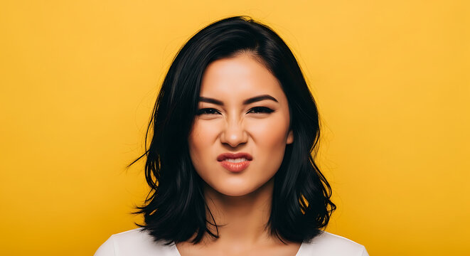 A young woman makes a disgusted face against a bright yellow background.