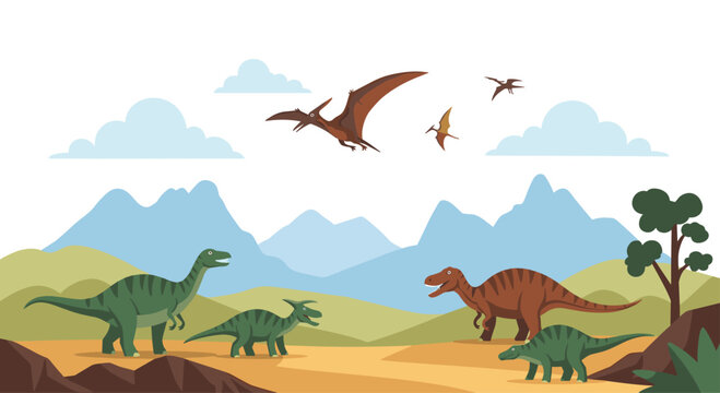 Various prehistoric dinosaurs roam a grassy landscape while pterosaurs glide through the sky near distant blue mountains in a colorful and detailed flat vector illustration.