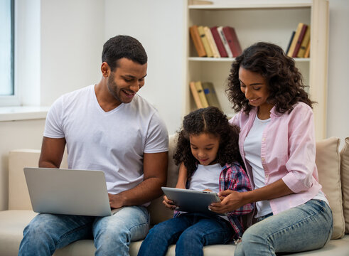 Family using devices together at home.