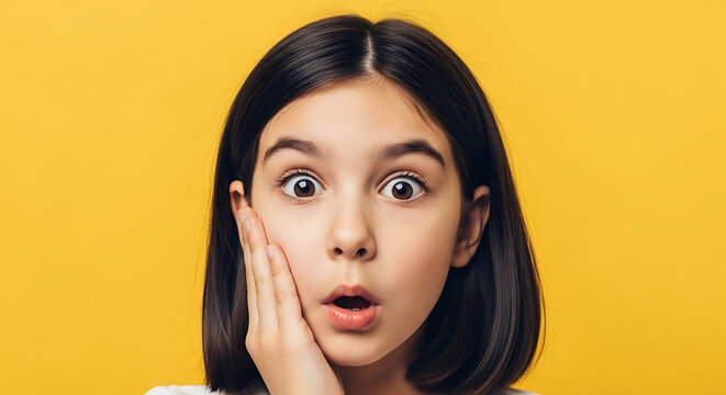 A young girl looks surprised with her hand on her cheek against yellow.