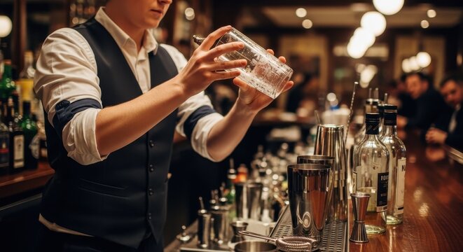 Bartender skillfully shaking a cocktail at a busy bar