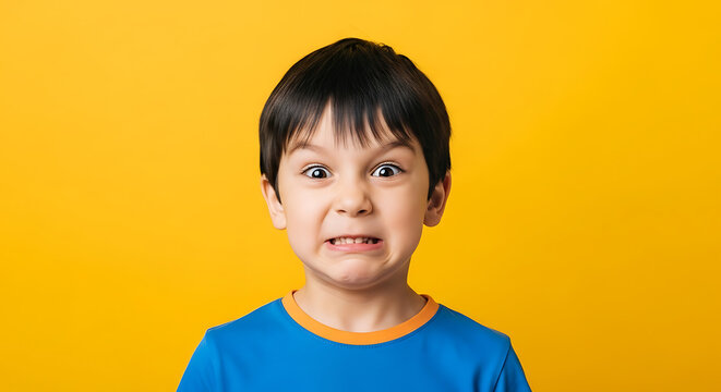 A young boy bares his teeth in a strange and funny grimace.