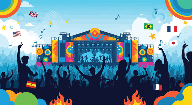 A colorful music festival scene with a stage and crowd