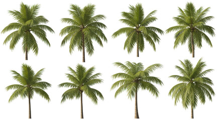 Fototapeta premium A set of coconut palm images cut out on a transparent background. Close up of exotic trees in PNG format, side view. Clipart