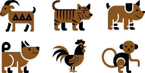 Modern vector animal icon set featuring stylized illustrations of a goat, tiger, dog, rooster, and monkey in a brown and black color palette. © MstSabera