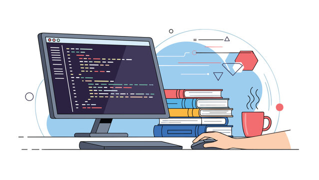 Software developer workplace featuring a monitor displaying programming code and textbooks on a plain white background.