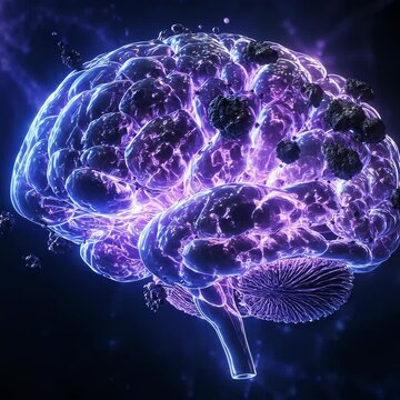 A luminous translucent brain pulsates with internal purple light dotted with dark particles, representing a conceptual study of neural activity and complex cerebral organic health and anatomy.