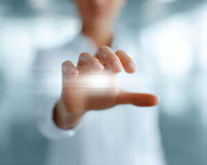 Naklejka premium Artificial intelligence concept with person using large language models LLM technology to interact with digital data in bright setting