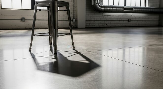 Modern industrial metal stool casting sharp defined shadow on polished concrete floor in minimalist interior
