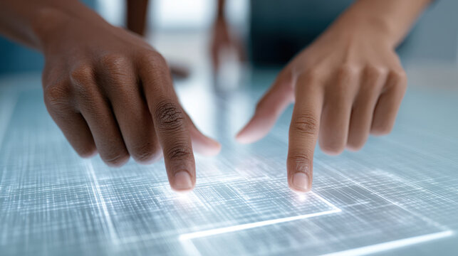 Artificial intelligence large language models LLM concept with two hands interacting futuristic digital interface glowing with data and technology