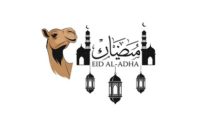 Fototapeta premium Beautiful Eid Al-Adha celebration design with camel, mosques, and decorative lanterns.