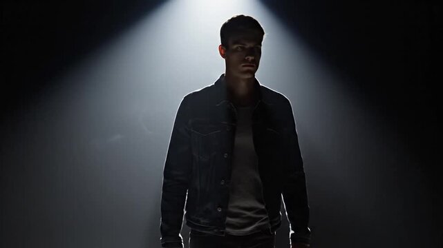 Dramatic overhead lighting casts a strong silhouette on a serious young man, evoking a powerful sense of presence and contemplation in a dark environment
