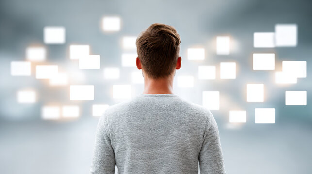 Large artificial intelligence system with language models LLM inspires man to explore new ideas and possibilities in bright digital space