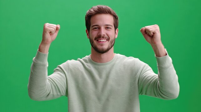 Joyful Expression on a Green Canvas: A portrait of a man with his arms raised, his face beaming with joy, set against a vibrant green backdrop. Capturing his cheerful disposition.