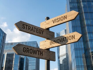 Fototapeta premium Wooden Directional Signpost with Business Success Concepts Against Modern Office Skyscrapers