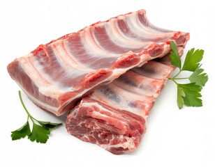 Obraz premium Two pieces of raw pork ribs with fresh green parsley leaves isolated on a white background