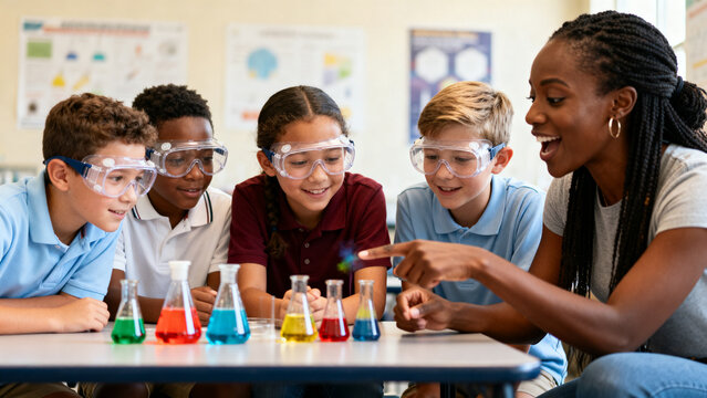diverse children conducting science experiment in classroom with colorful liquids