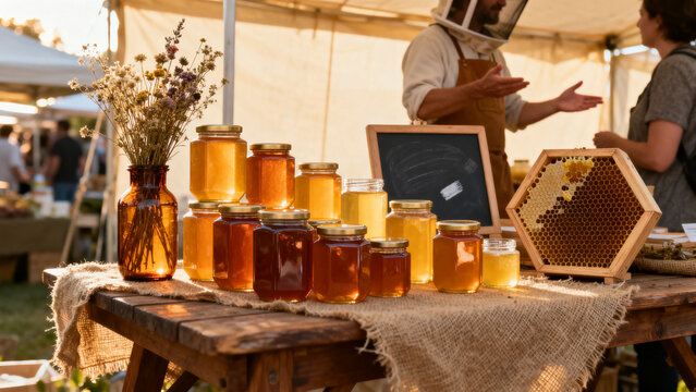 artisan honey and preserves stall at sunny farmers market with rustic decor