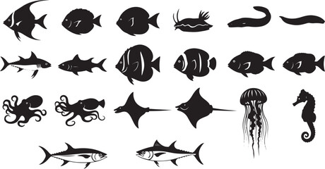 Marine Sea Animals Fish Collection Silhouette Vector Illustration Set © Hayat Khan