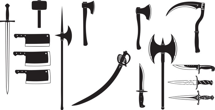 Medieval Weapons Collection Sword Axe Spear Vector Illustration Set