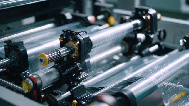 Industrial plastic sheeting being fed through a tension machine in a manufacturing facility