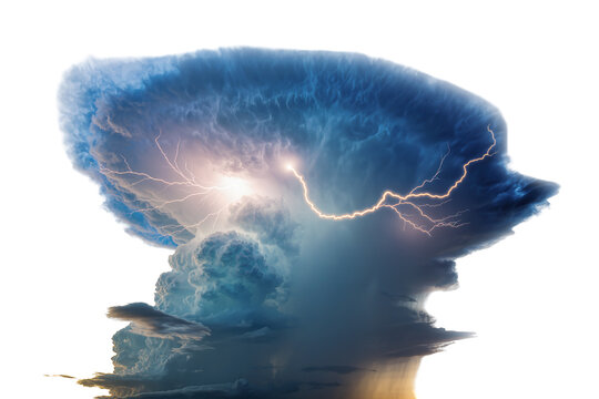 Isolated dramatic supercell thunderstorm cloud with powerful lightning strikes during a fierce storm