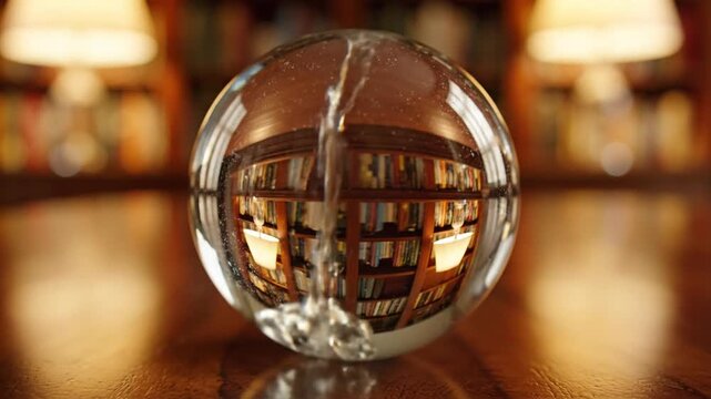 Captivating crystal ball on a polished wood surface, reflecting an inverted library scene with bookshelves, symbolizing profound knowledge and a unique outlook