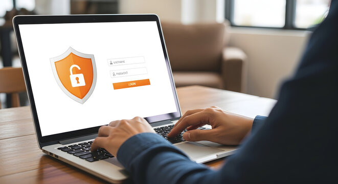 Person typing on laptop with security shield on screen indoors