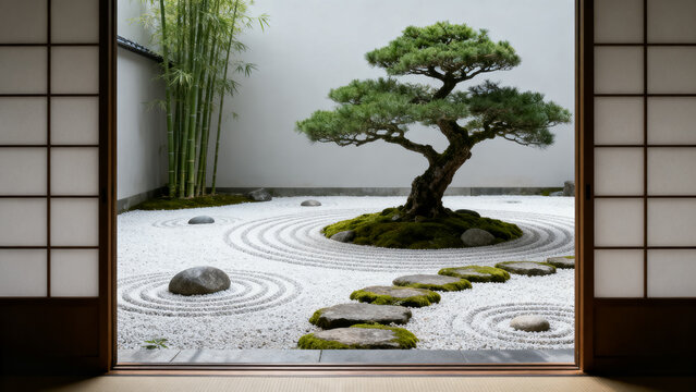 serene japanese zen garden with bonsai tree viewed through sliding door