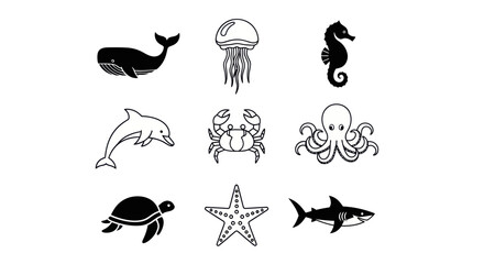 Ocean creatures silhouettes black and white © Darwaty