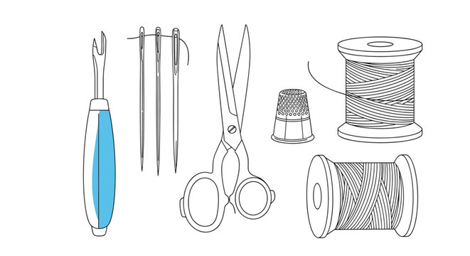 Basic sewing kit line art featuring essential tools like scissors needles a thimble and spools of thread for tailoring.