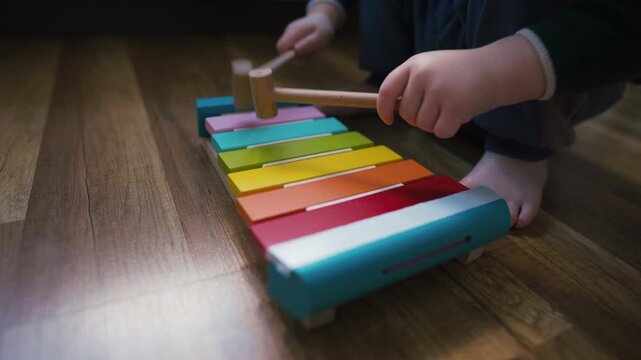 Detail of a toddler playing with a bright rainbow xylophone at home, contains Audio