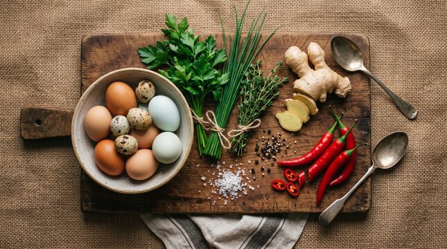 Top down flat lay of fresh organic eggs quail eggs aromatic herbs ginger and red chili peppers on a rustic wooden board over a burlap textured cloth
