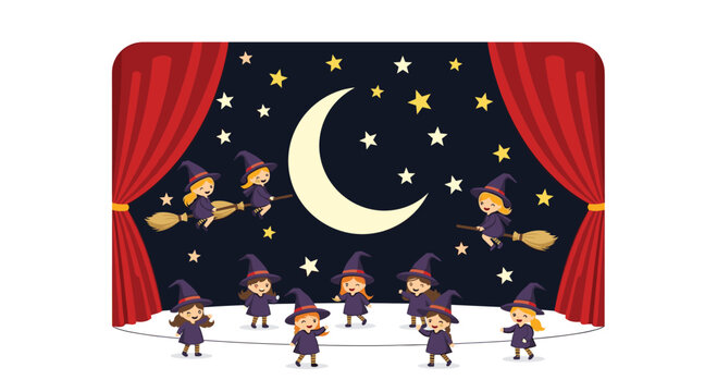 Several young witches in purple robes and pointy hats dance on a decorated stage with red curtains and a bright crescent moon background in this festive cartoon illustration.