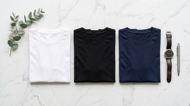 High-angle flat lay of folded premium cotton t-shirts in white, black, and navy blue on a marble background with lifestyle accessories