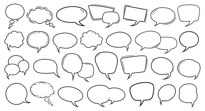 Large collection of diverse blank speech and thought bubbles in various hand-drawn styles and shapes for dialogue and comic book design.