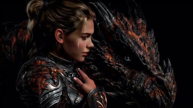 Fantasy wallpaper. A detailed digital artwork depicts a female warrior with a fierce expression. She wears ornate, dark armor with intricate patterns and designs.