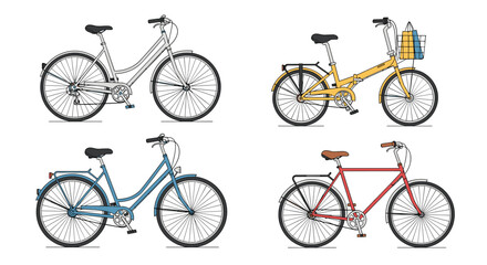 Obraz premium Four different types of bicycles including mountain city and folding bikes in various colors and designs for travel and sports themes.
