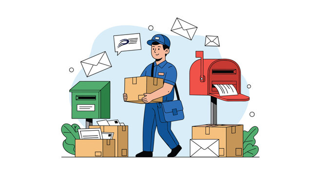 Delivery man in a blue uniform carrying a large cardboard package while delivering mail and letters near colorful outdoor mailboxes.
