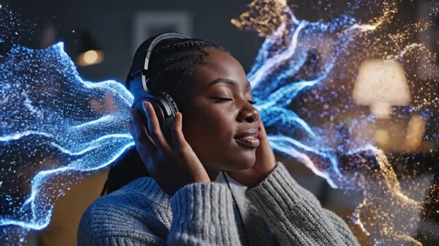 Young Black woman with eyes closed enjoying music through headphones with colorful energetic waves emanating from the sound