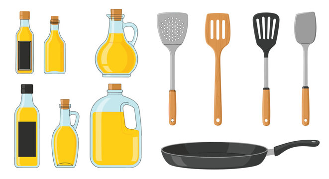 Variety of cooking oils in glass bottles alongside essential kitchen utensils like spatulas a frying pan and a wooden turner for cooking.