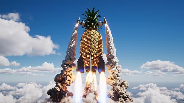 Vibrant pineapple rocket blasting off into a clear blue sky, leaving a dynamic trail of smoke and fire, symbolizing ambitious growth and innovative new beginnings