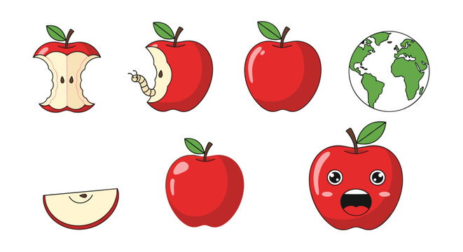Collection of red apples showing different states including bitten sliced and whole alongside a small globe of the earth on white.